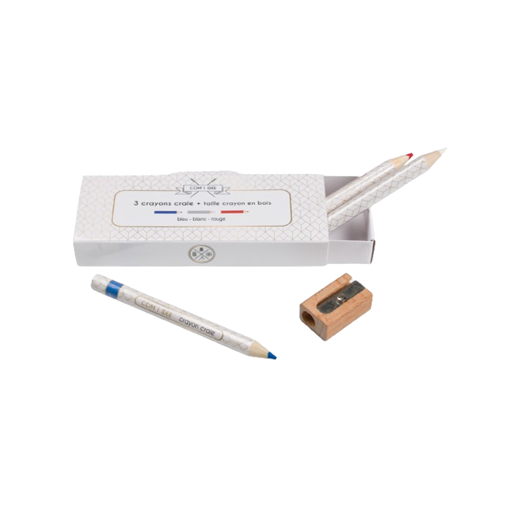 3 crayons craies + taille crayon en bois