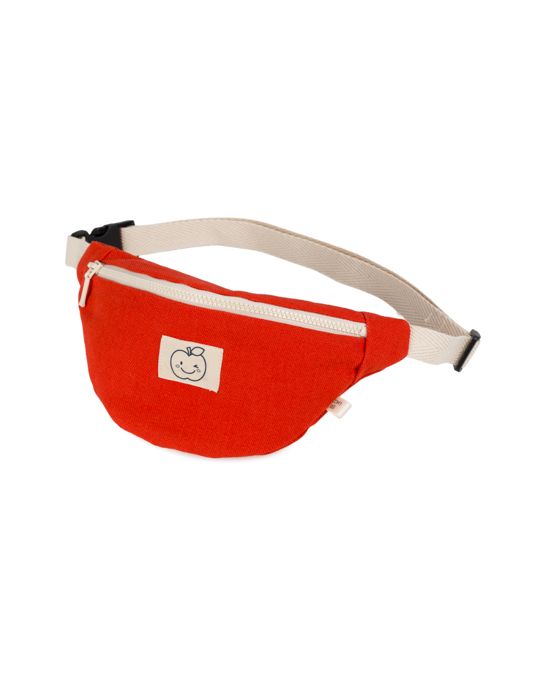Sac banane enfant Élie en tissu rouge avec sangle réglable et fermeture éclair écrue.