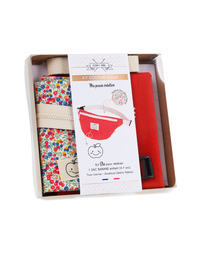 Kit couture enfant Élie pour réaliser un sac banane rouge avec doublure Liberty à fleurs multicolores.