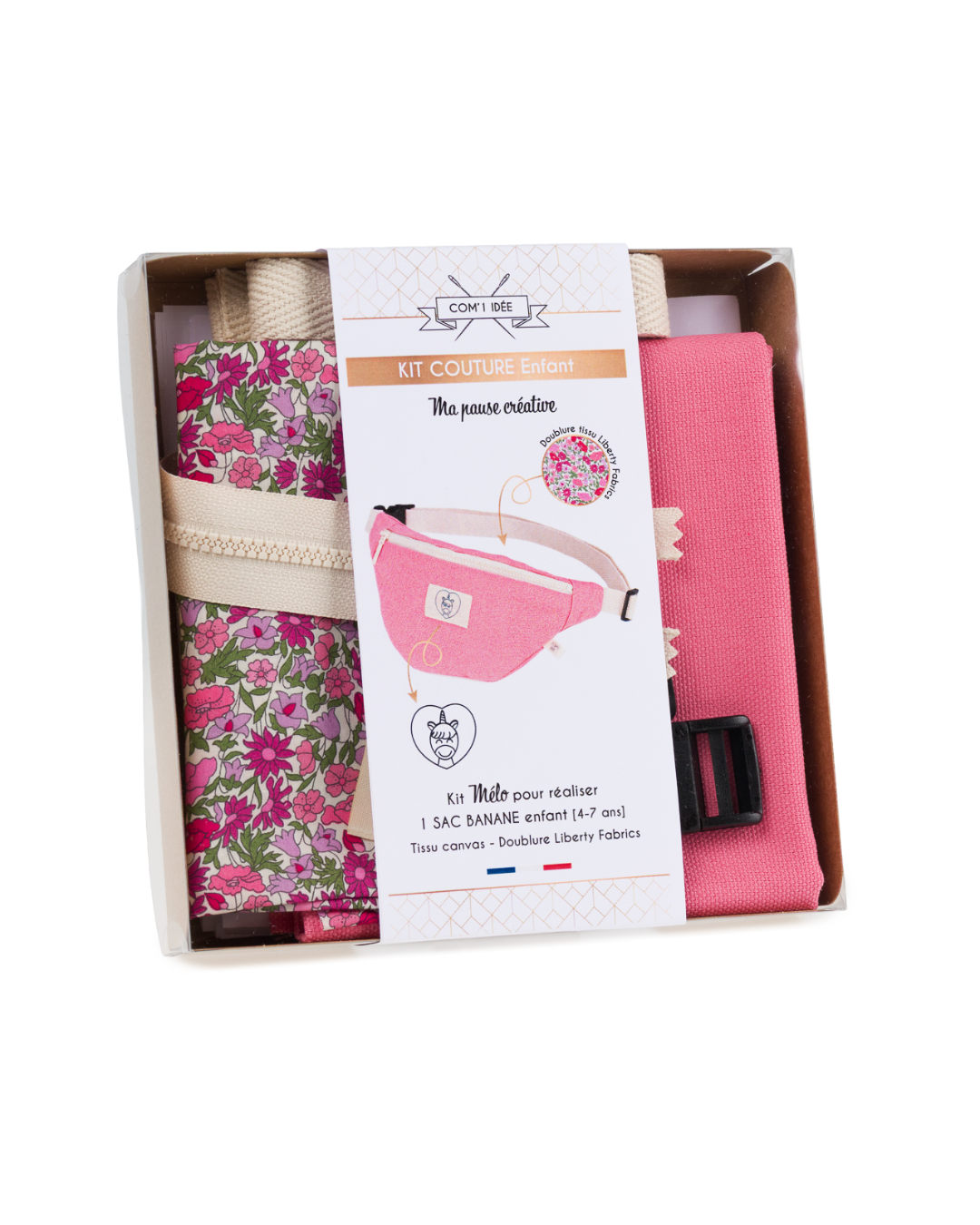 Kit couture enfant Mélo pour réaliser un sac banane rose avec doublure Liberty à fleurs roses.