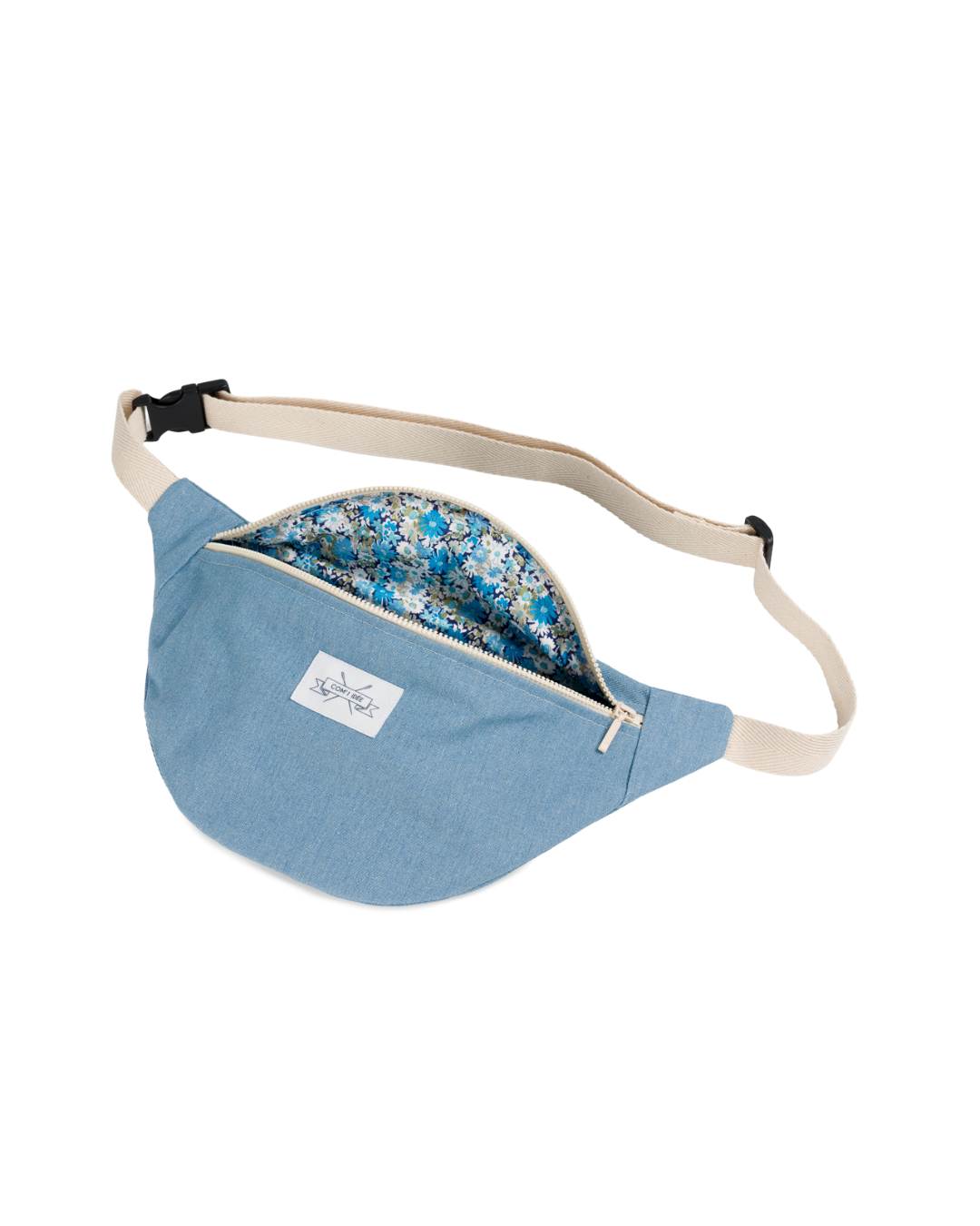 Sac banane M Andy ouvert avec doublure Liberty bleu et grande ouverture zippée