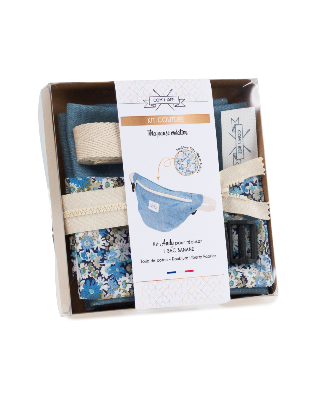Kit couture sac banane M Andy en toile bleu jean avec doublure Liberty bleu Com'1 Idée