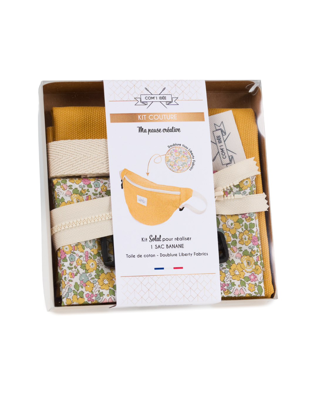 Kit couture banane M Solal comprenant tous les tissus, accessoires et fournitures nécessaires à la réalisation d’un sac banane.