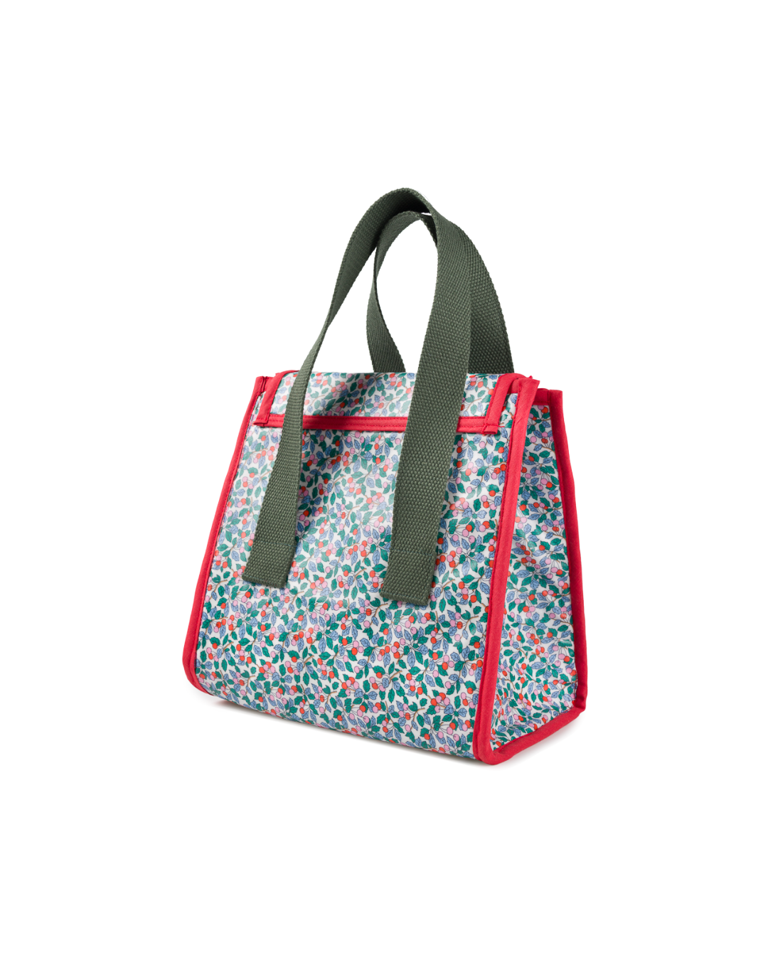 Vue arrière du kit lunchbox La fin des Haricots en tissu Liberty avec anses kaki et biais framboise.