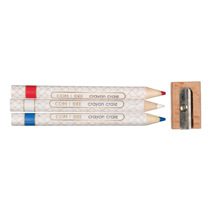 3 crayons craies + taille crayon en bois